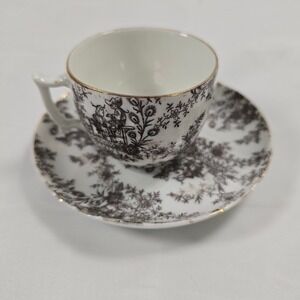 Vintage Black Toile Transferware Tea Cup and Saucer Set Gold Gilt Trim 17 Mark